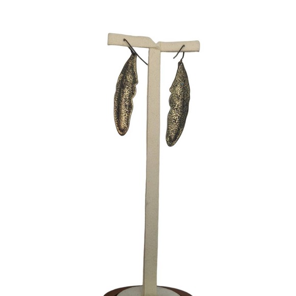 Blue Hand-Painted Brass Feather Earrings - Picture 6 of 8